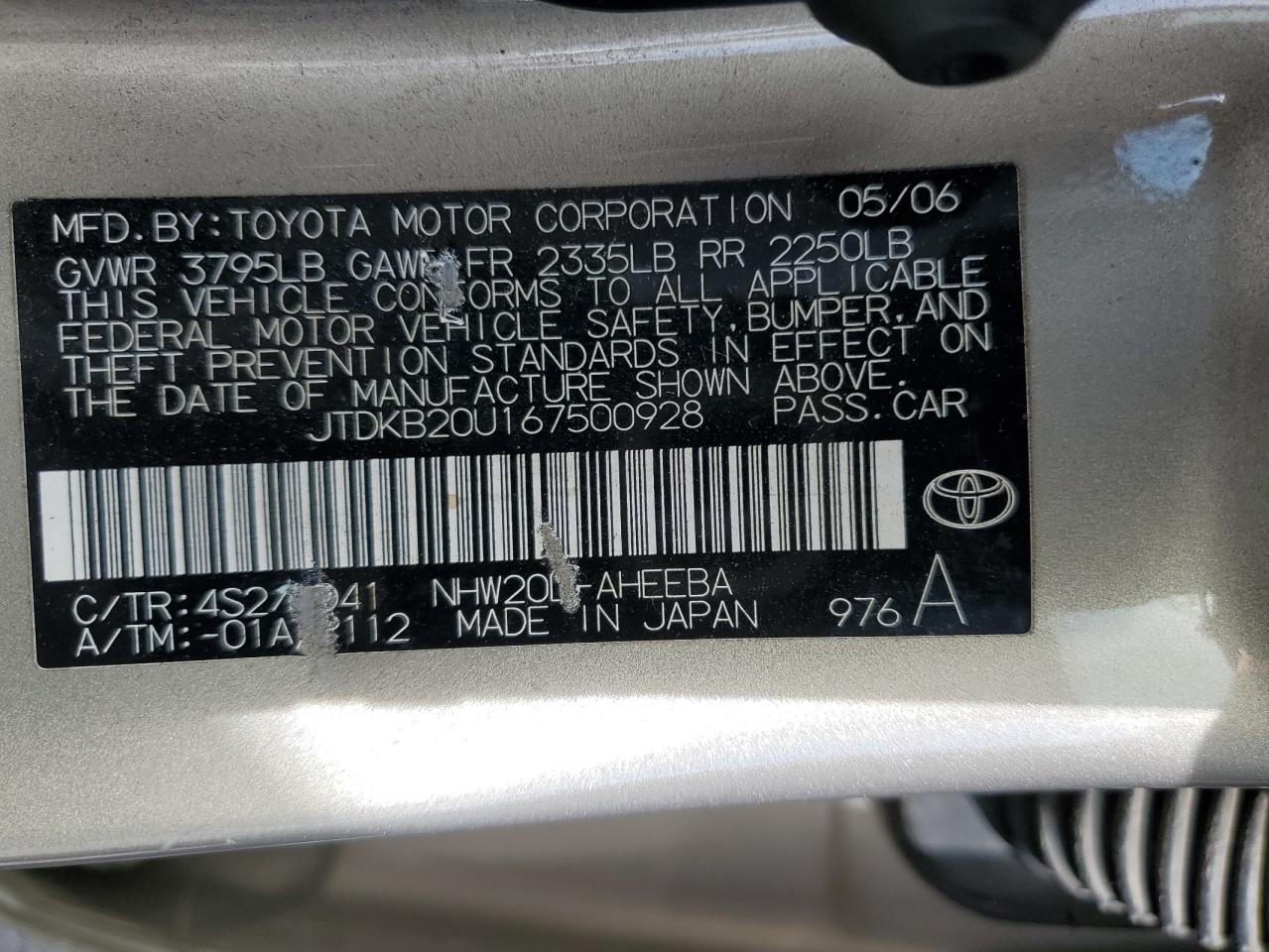 JTDKB20U167500928 2006 Toyota Prius