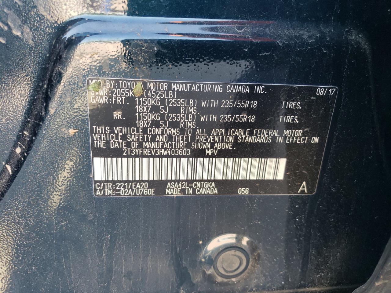 2T3YFREV3HW403603 2017 Toyota Rav4 Limited