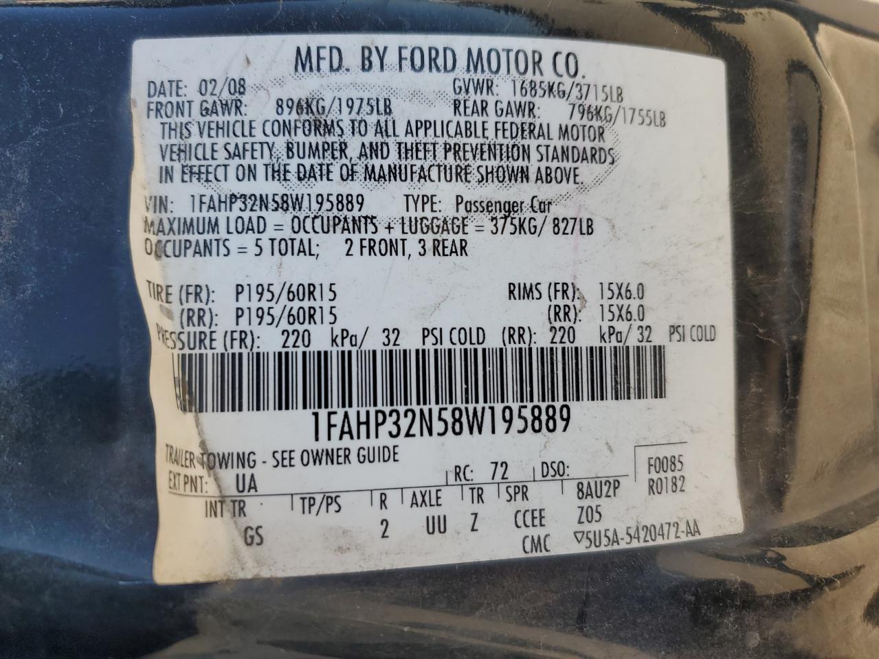 1FAHP32N58W195889 2008 Ford Focus S/Se