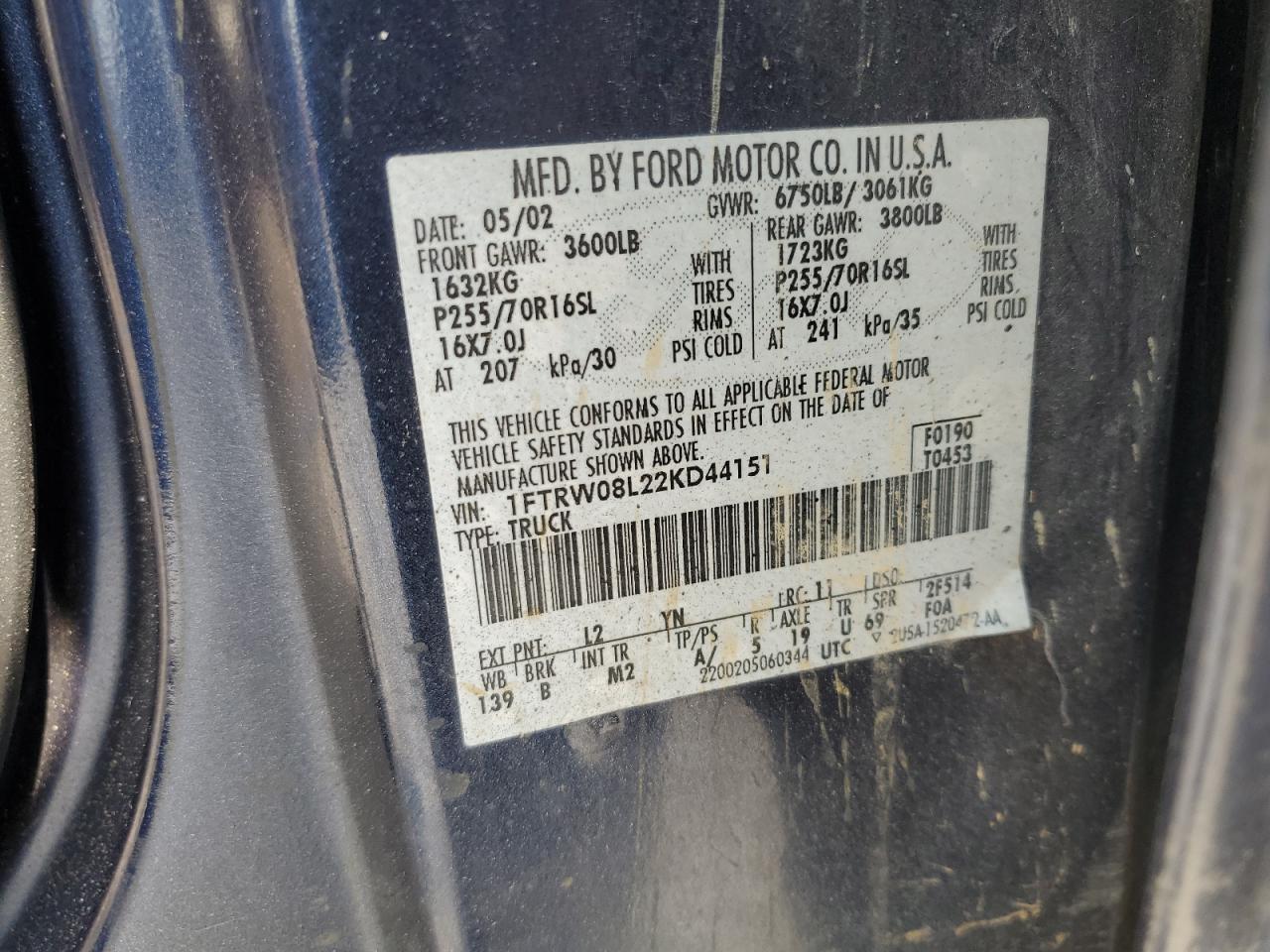 1FTRW08L22KD44151 2002 Ford F150 Supercrew