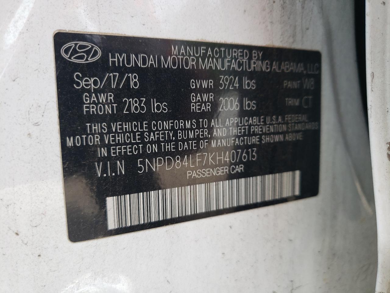 5NPD84LF7KH407613 2019 Hyundai Elantra Sel