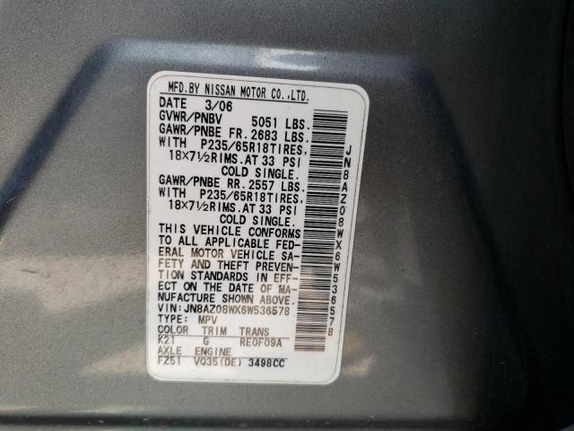 2006 Nissan Murano Sl VIN: JN8AZ08WX6W536578 Lot: 52347074