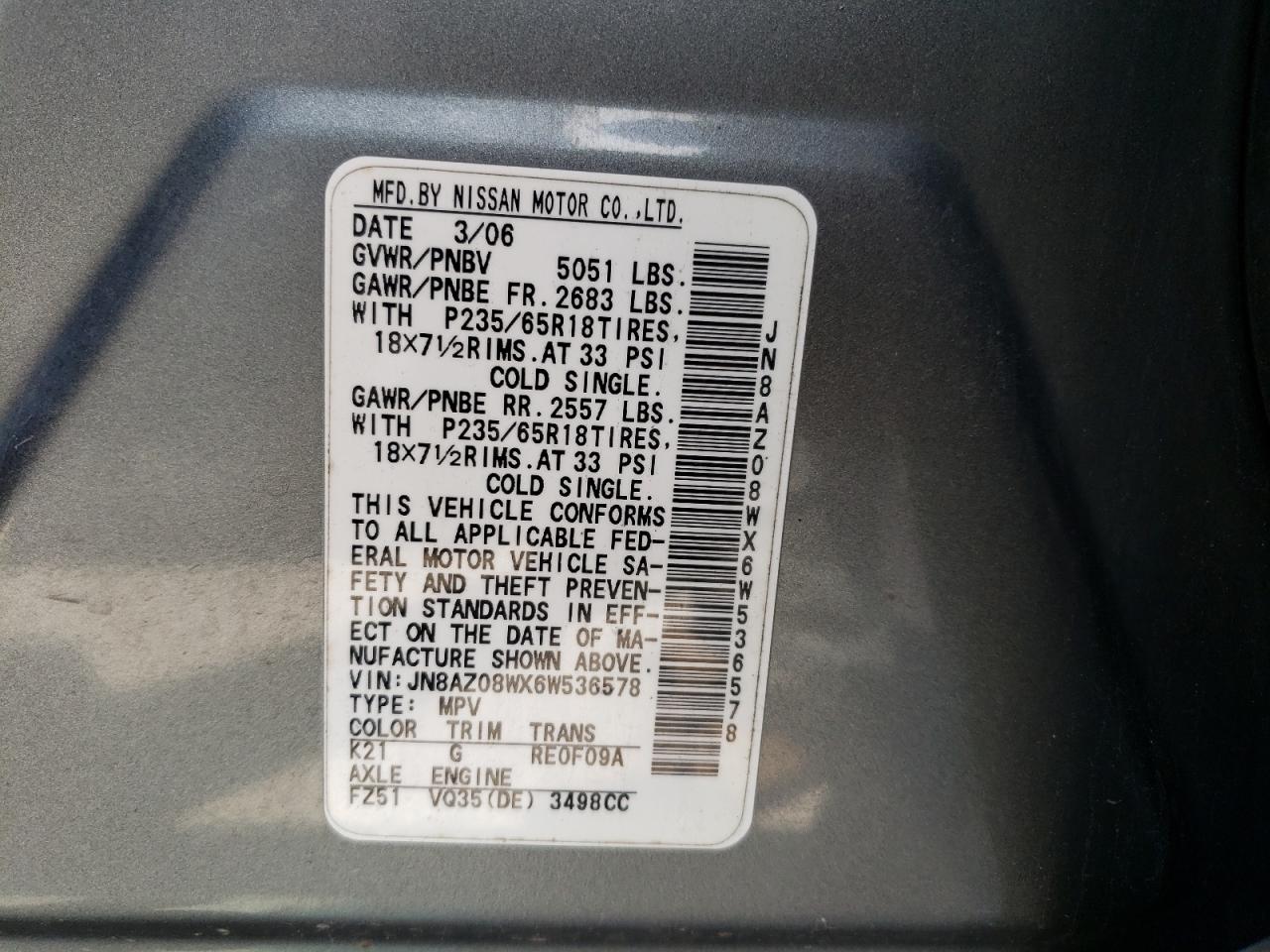 JN8AZ08WX6W536578 2006 Nissan Murano Sl