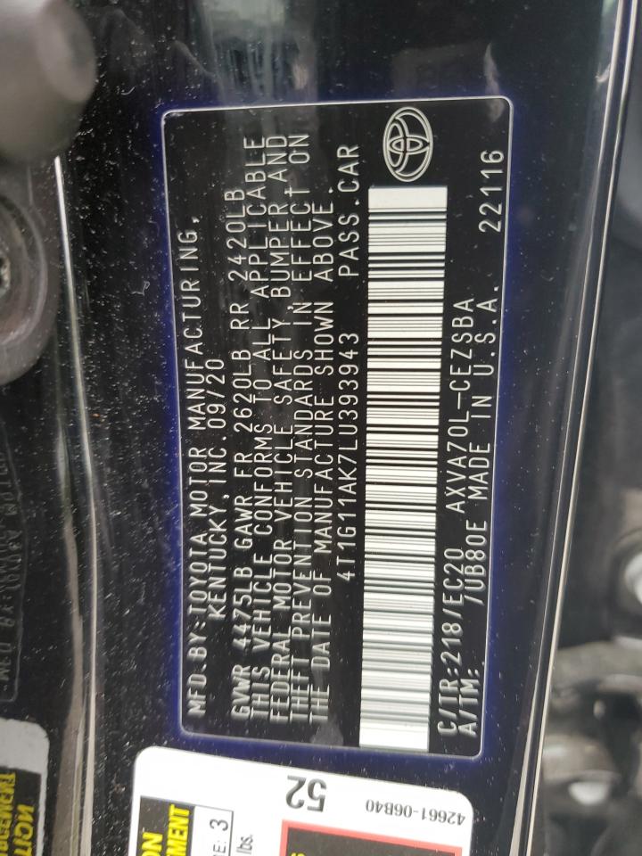 4T1G11AK7LU393943 TOYOTA CAMRY 2020