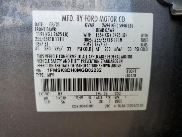 2021 Ford Explorer Xlt VIN: 1FMSK8DH0MGB02232 Lot: 50791754