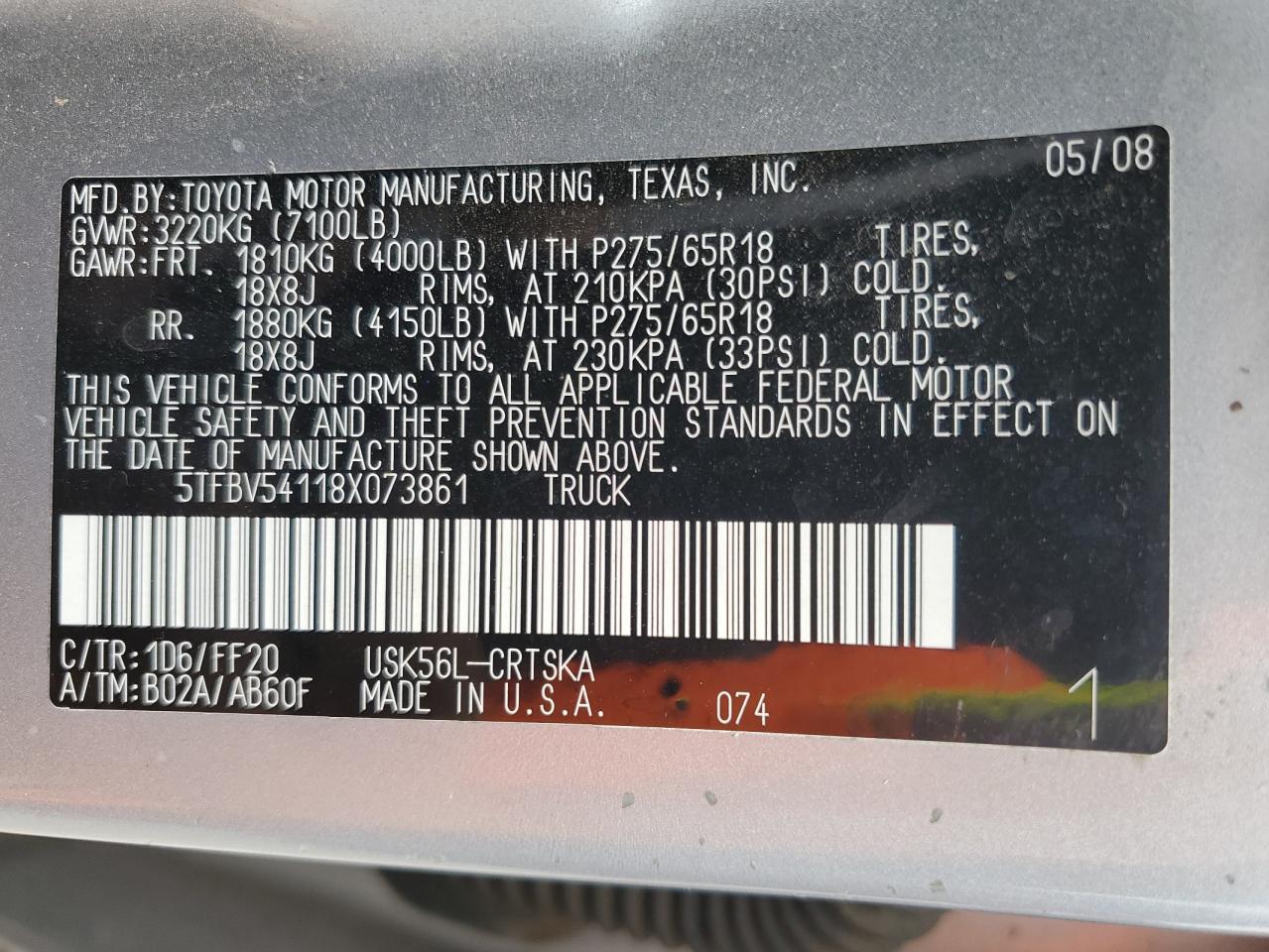 5TFBV54118X073861 2008 Toyota Tundra Double Cab