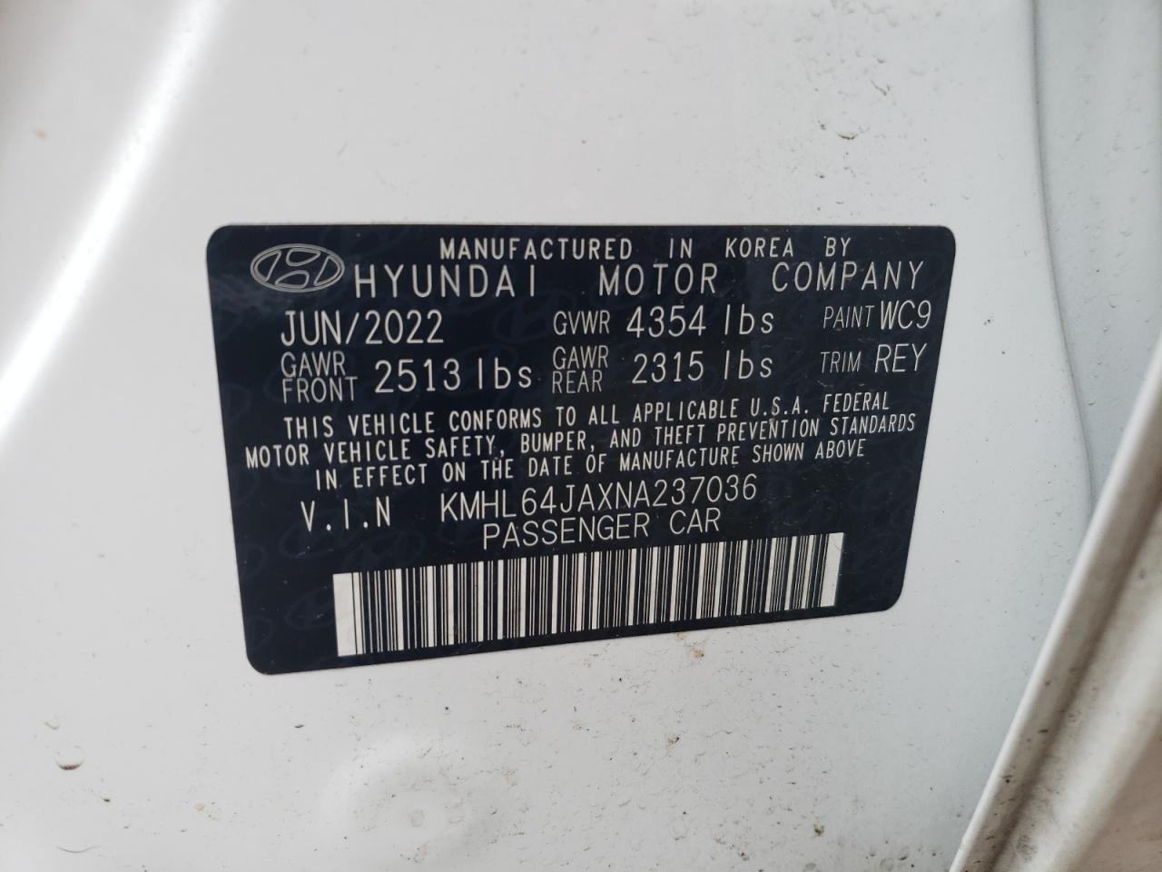 2022 Hyundai Sonata Sel vin: KMHL64JAXNA237036