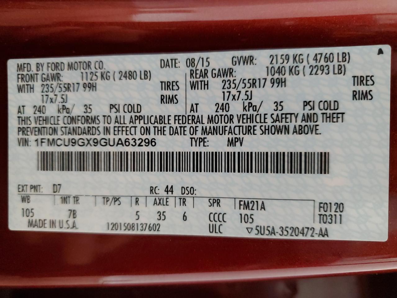 1FMCU9GX9GUA63296 FORD ESCAPE 2016