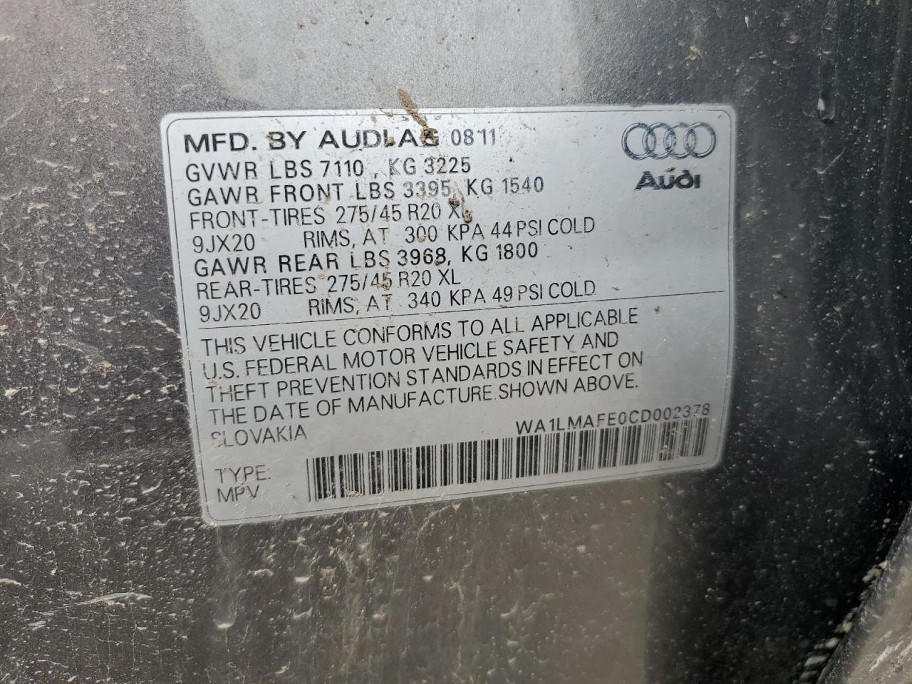 WA1LMAFE0CD002378 2012 Audi Q7 Premium Plus