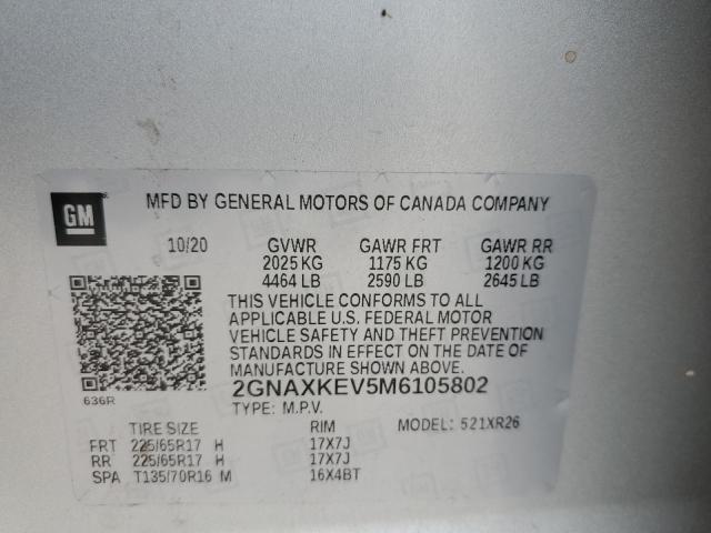 2021 Chevrolet Equinox Lt VIN: 2GNAXKEV5M6105802 Lot: 51970754