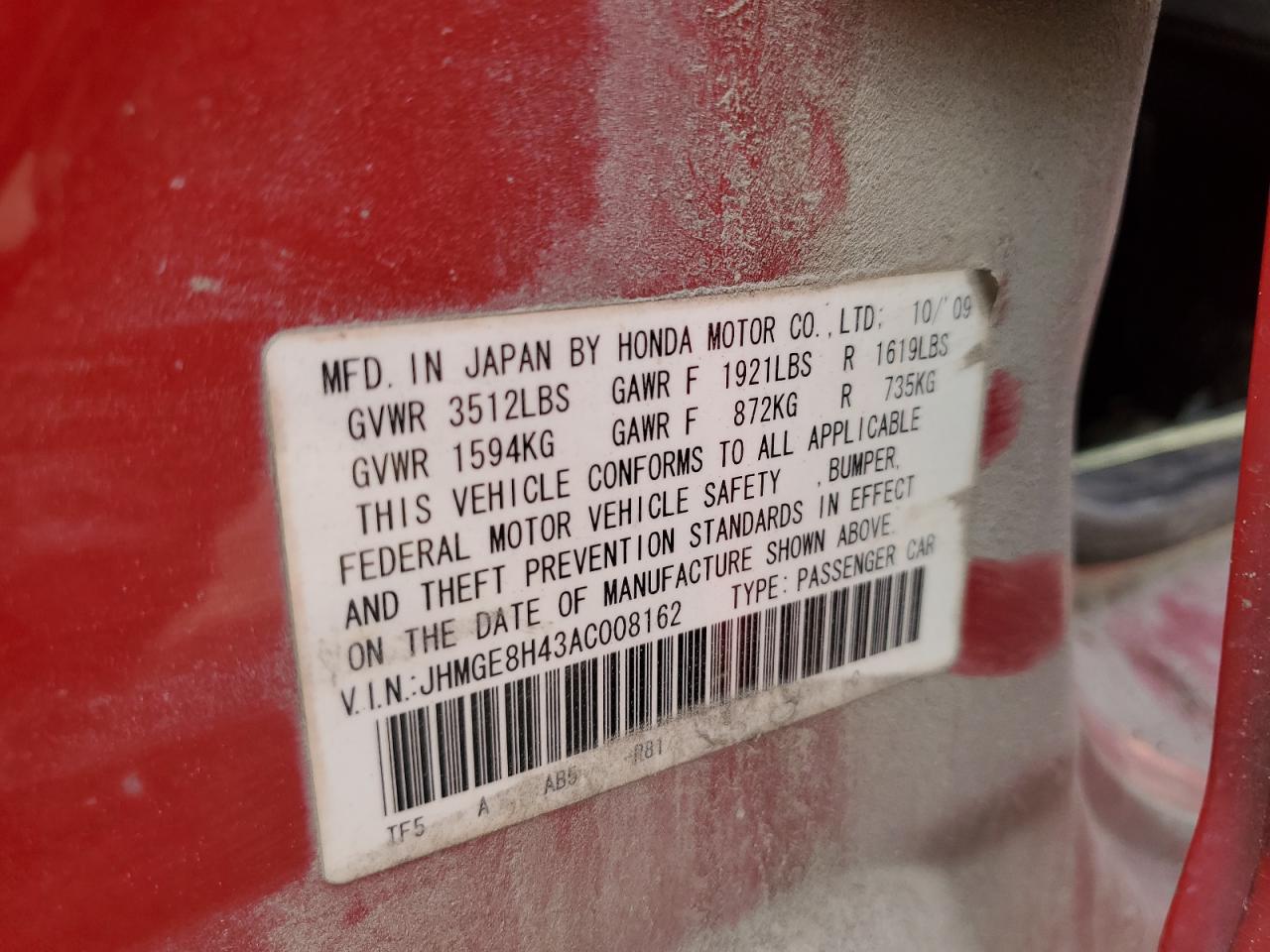 JHMGE8H43AC008162 2010 Honda Fit Sport