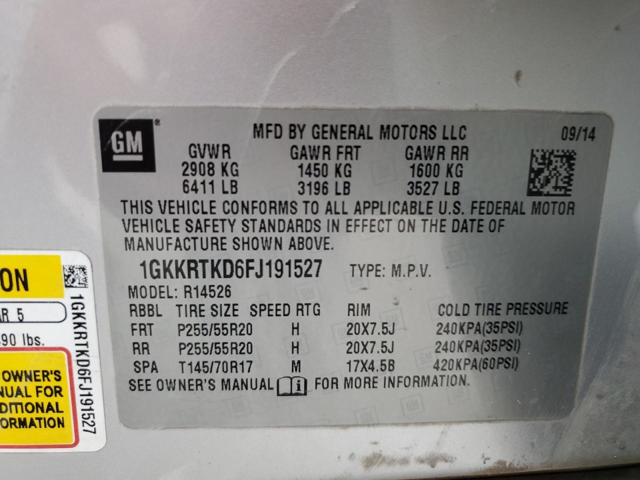 1GKKRTKD6FJ191527 2015 GMC Acadia Denali