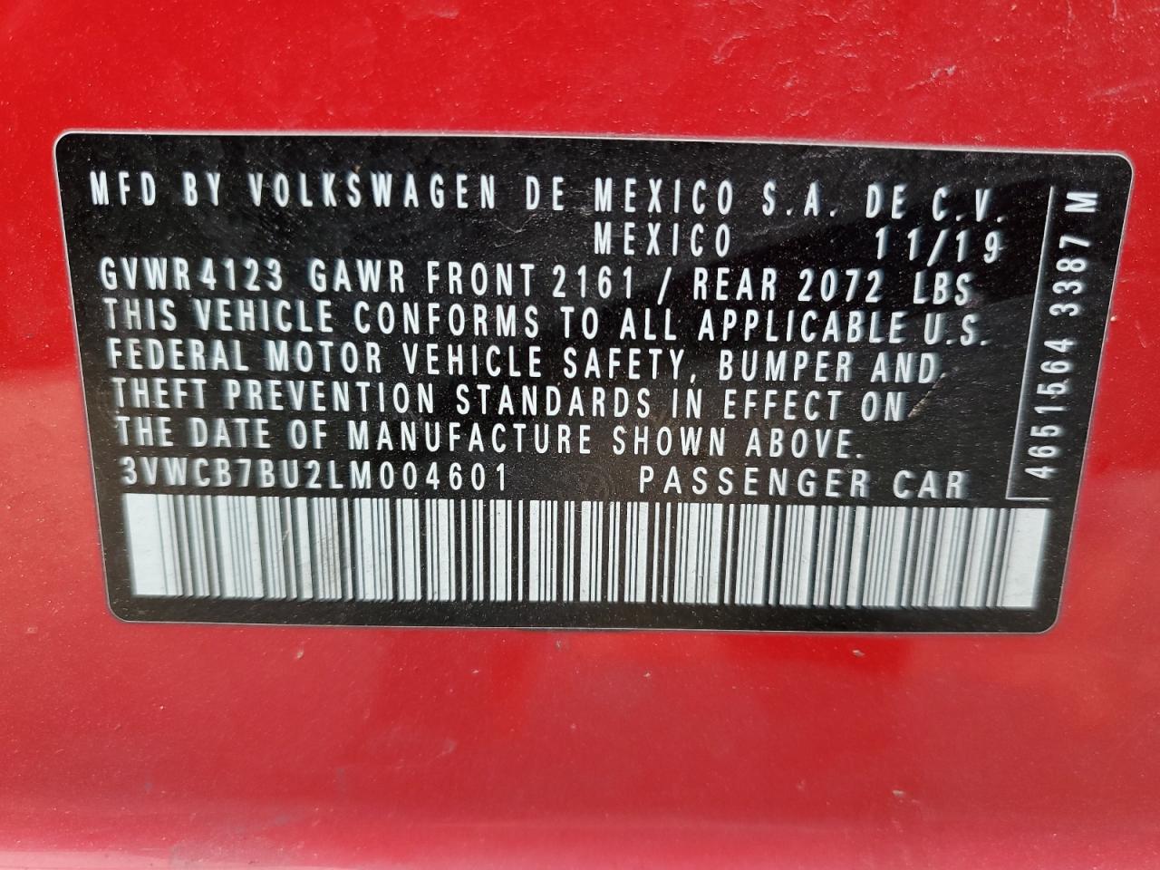 3VWCB7BU2LM004601 2020 Volkswagen Jetta S