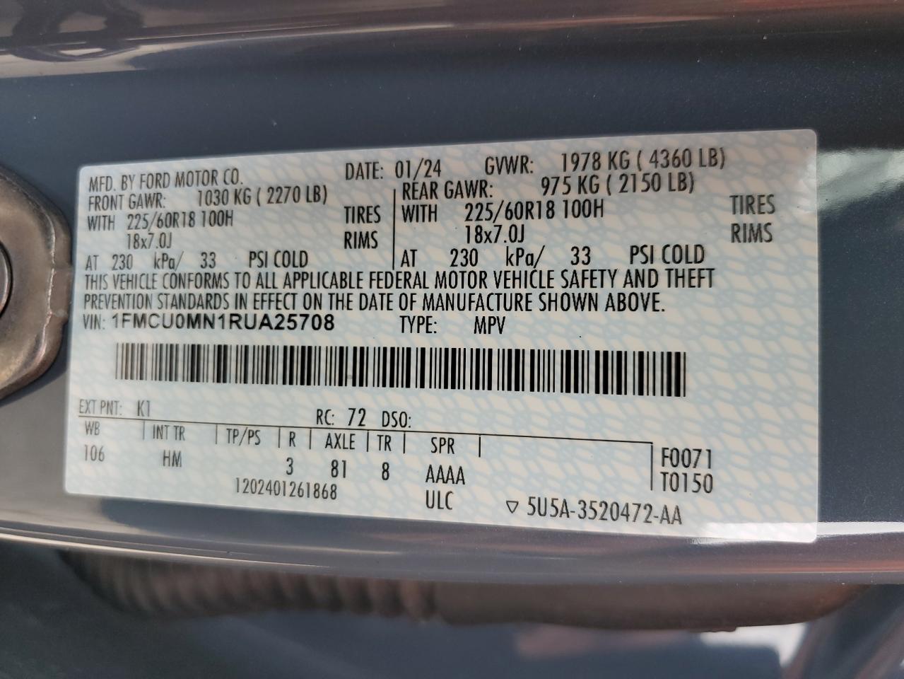 1FMCU0MN1RUA25708 FORD ESCAPE ST 2024