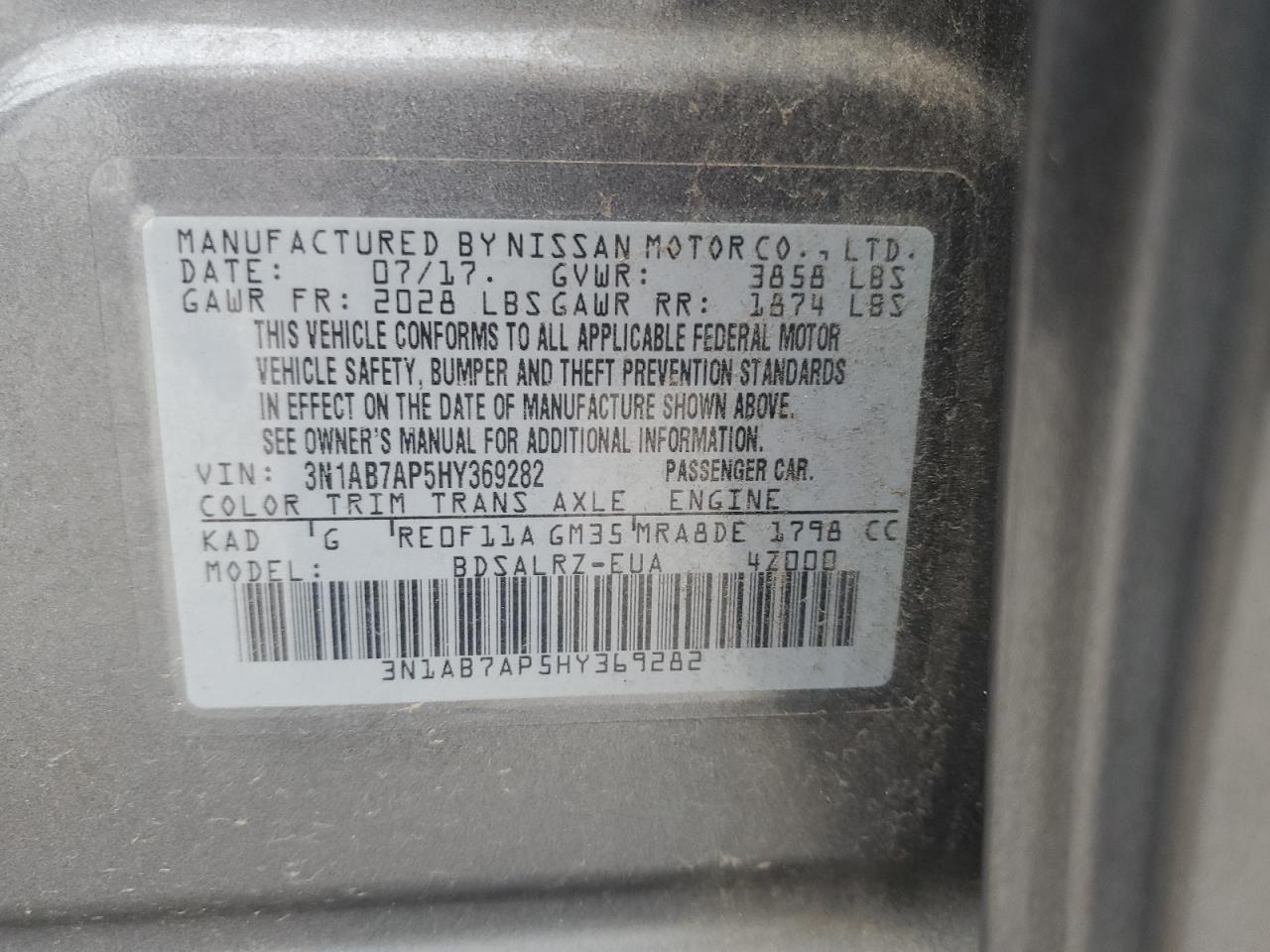 3N1AB7AP5HY369282 2017 Nissan Sentra S