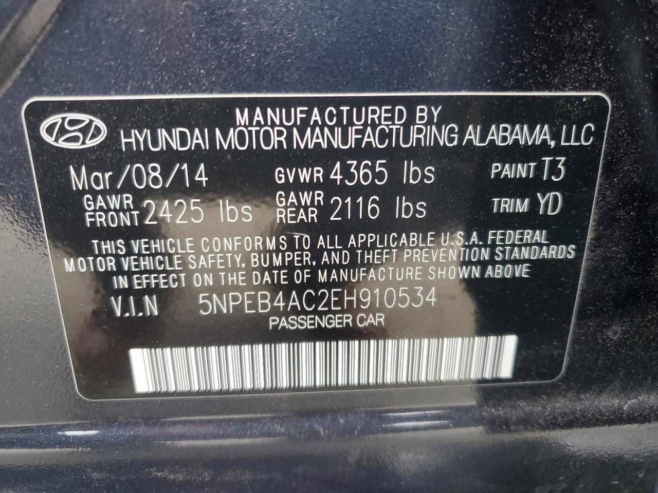 5NPEB4AC2EH910534 2014 Hyundai Sonata Gls