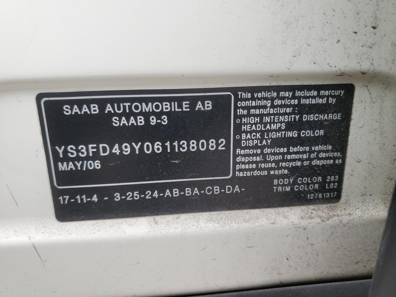 YS3FD49Y061138082 2006 Saab 9-3