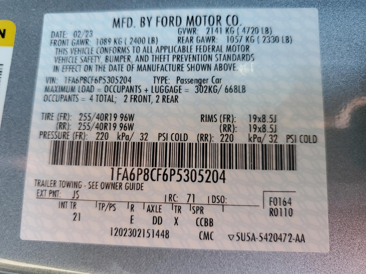 VIN: 1FA6P8CF6P5305204 2023 FORD MUSTANG