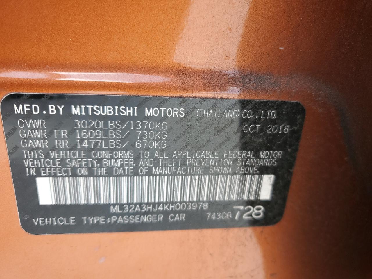 ML32A3HJ4KH003978 2019 Mitsubishi Mirage Es