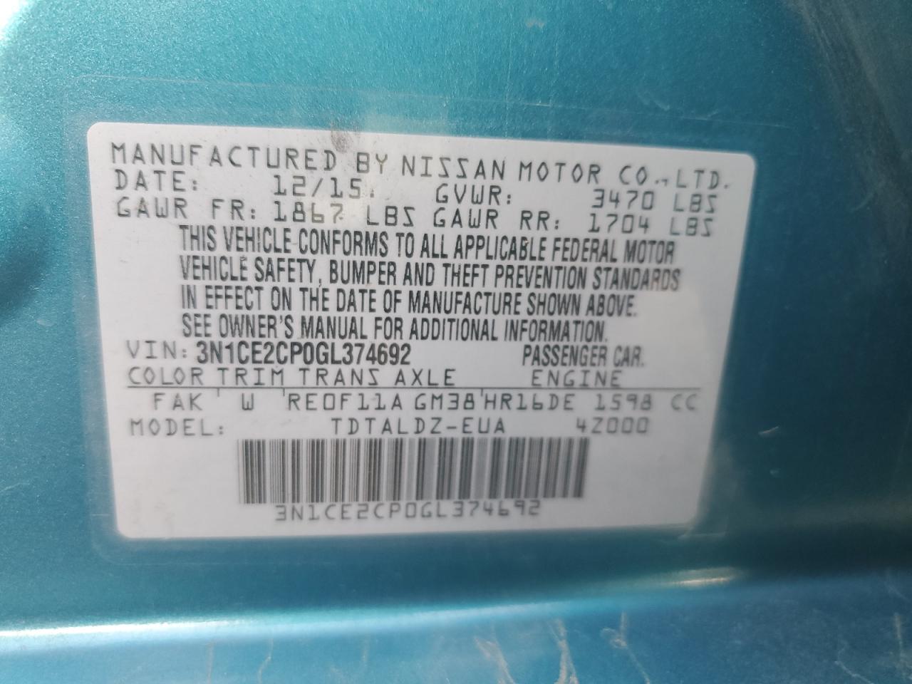 3N1CE2CP0GL374692 2016 Nissan Versa Note S