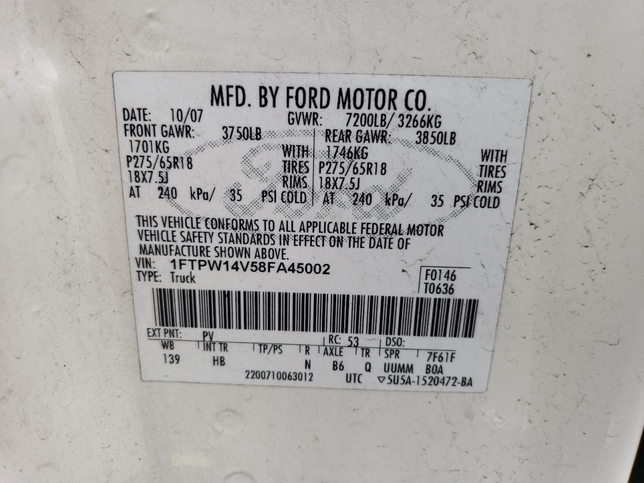 1FTPW14V58FA45002 2008 Ford F150 Supercrew