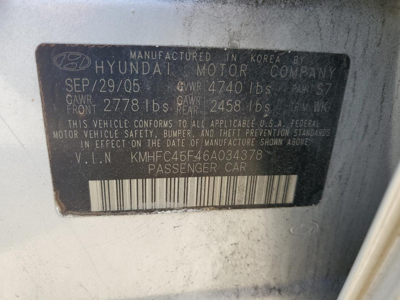 KMHFC46F46A034378 2006 Hyundai Azera Se