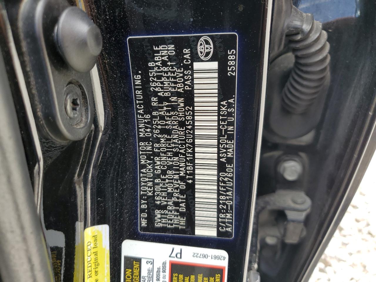 4T1BF1FK7GU245852 TOYOTA CAMRY 2016