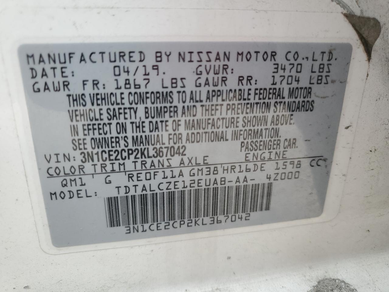 3N1CE2CP2KL367042 NISSAN VERSA 2019