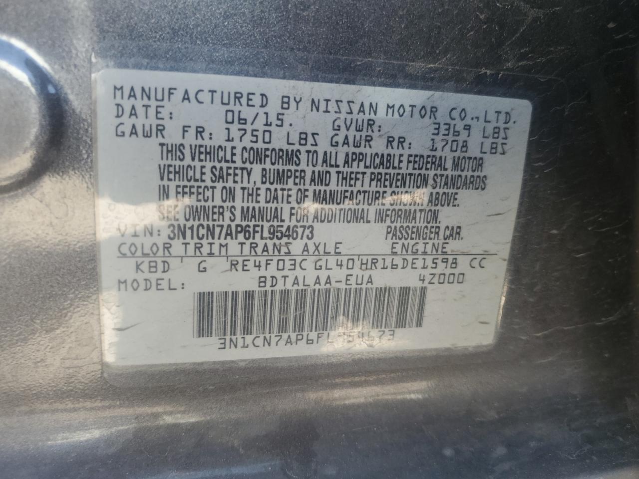 3N1CN7AP6FL954673 2015 Nissan Versa S