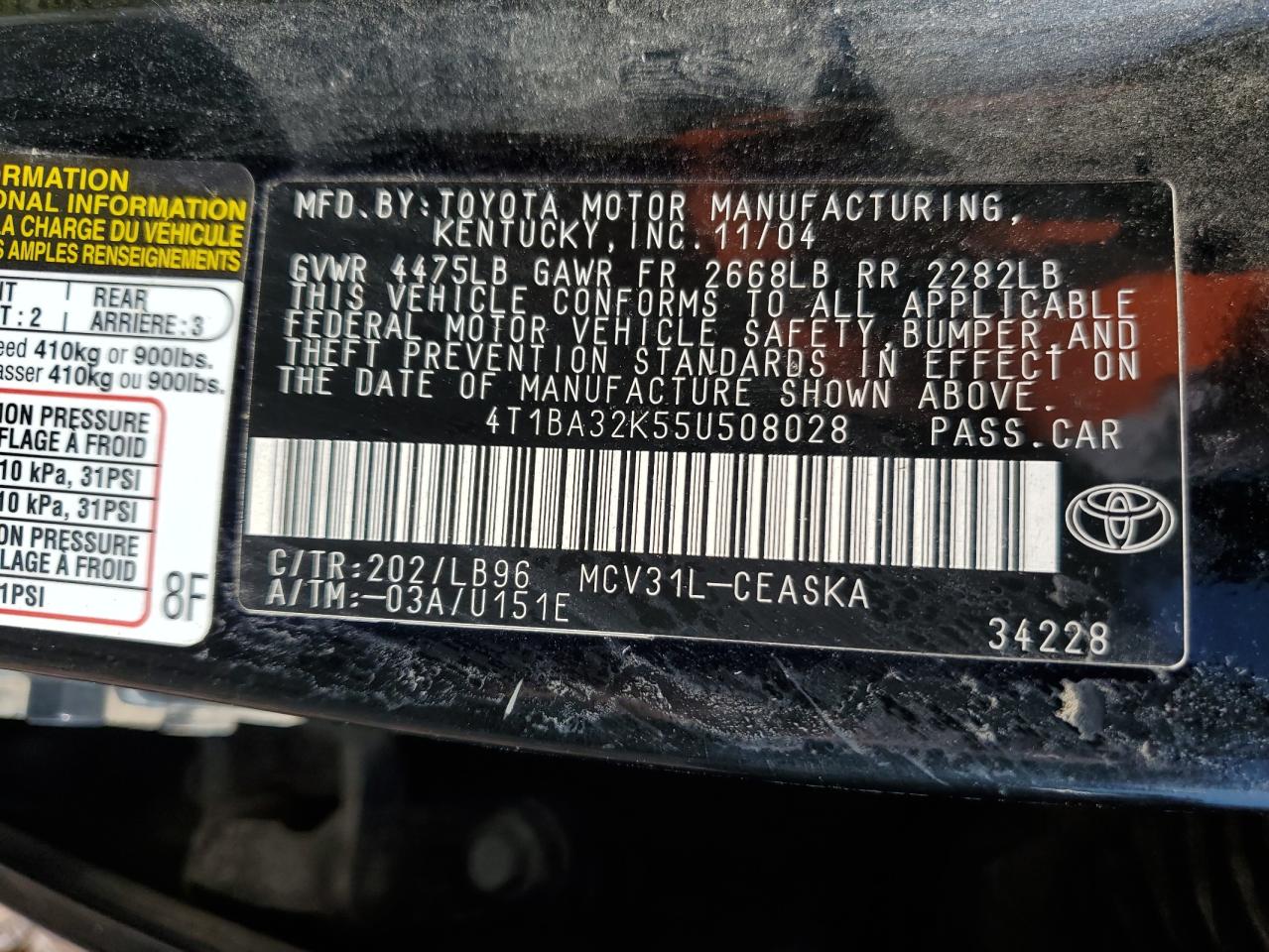 4T1BA32K55U508028 2005 Toyota Camry Se