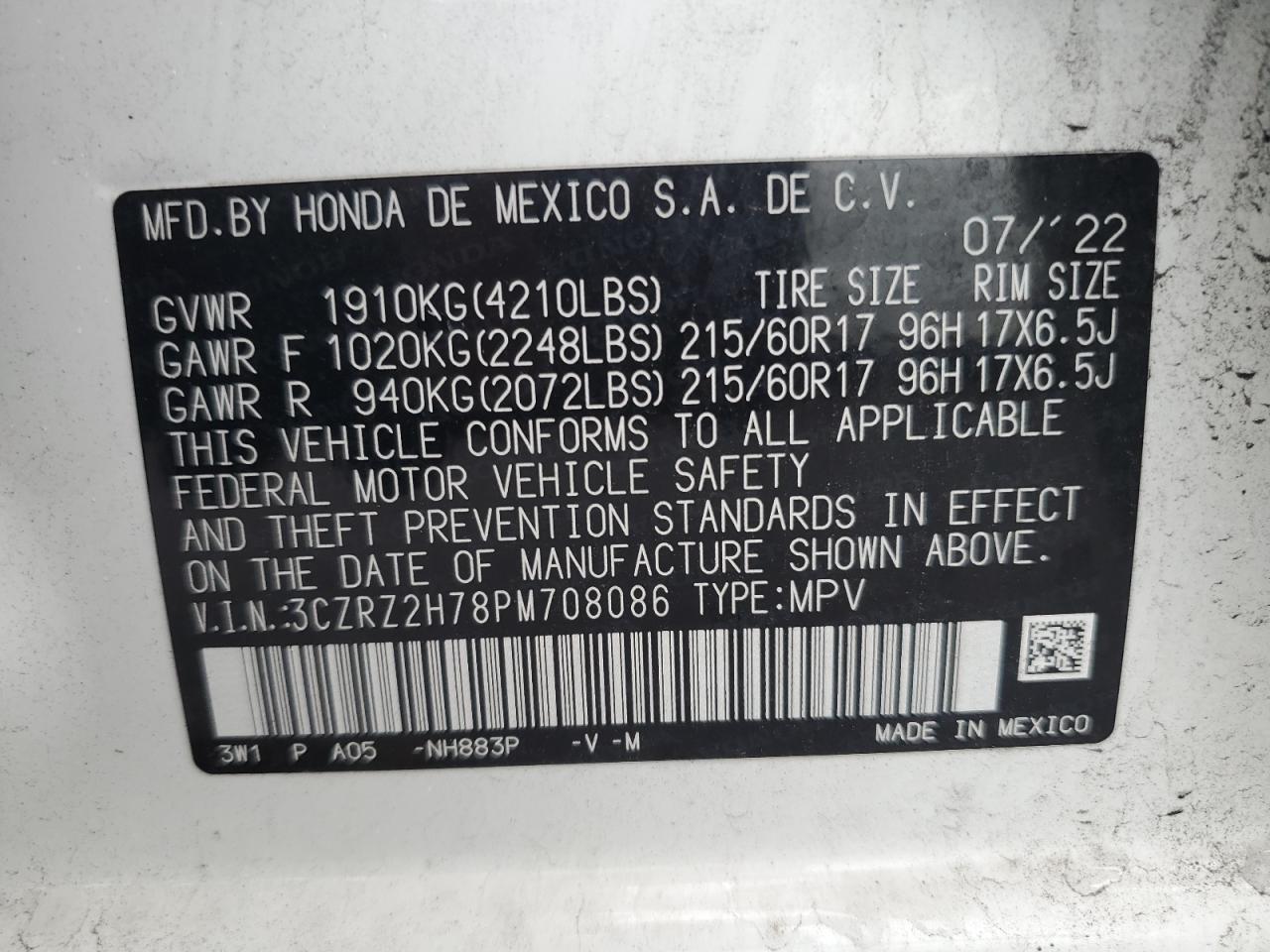 2023 Honda Hr-V Exl vin: 3CZRZ2H78PM708086