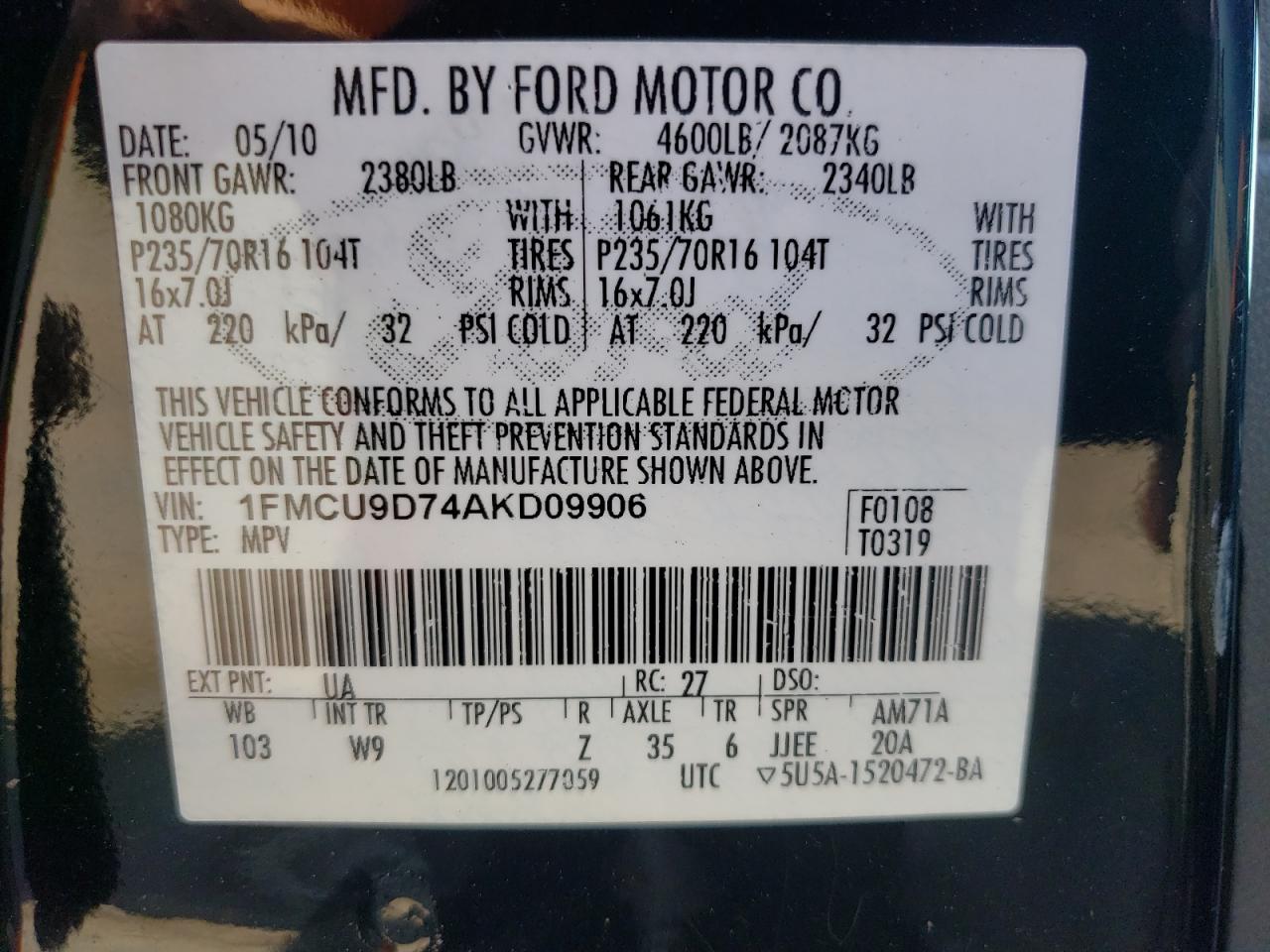 1FMCU9D74AKD09906 2010 Ford Escape Xlt