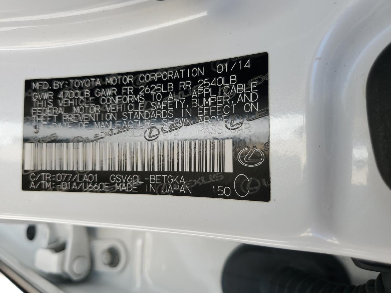 JTHBK1GG3E2115892 2014 Lexus Es 350