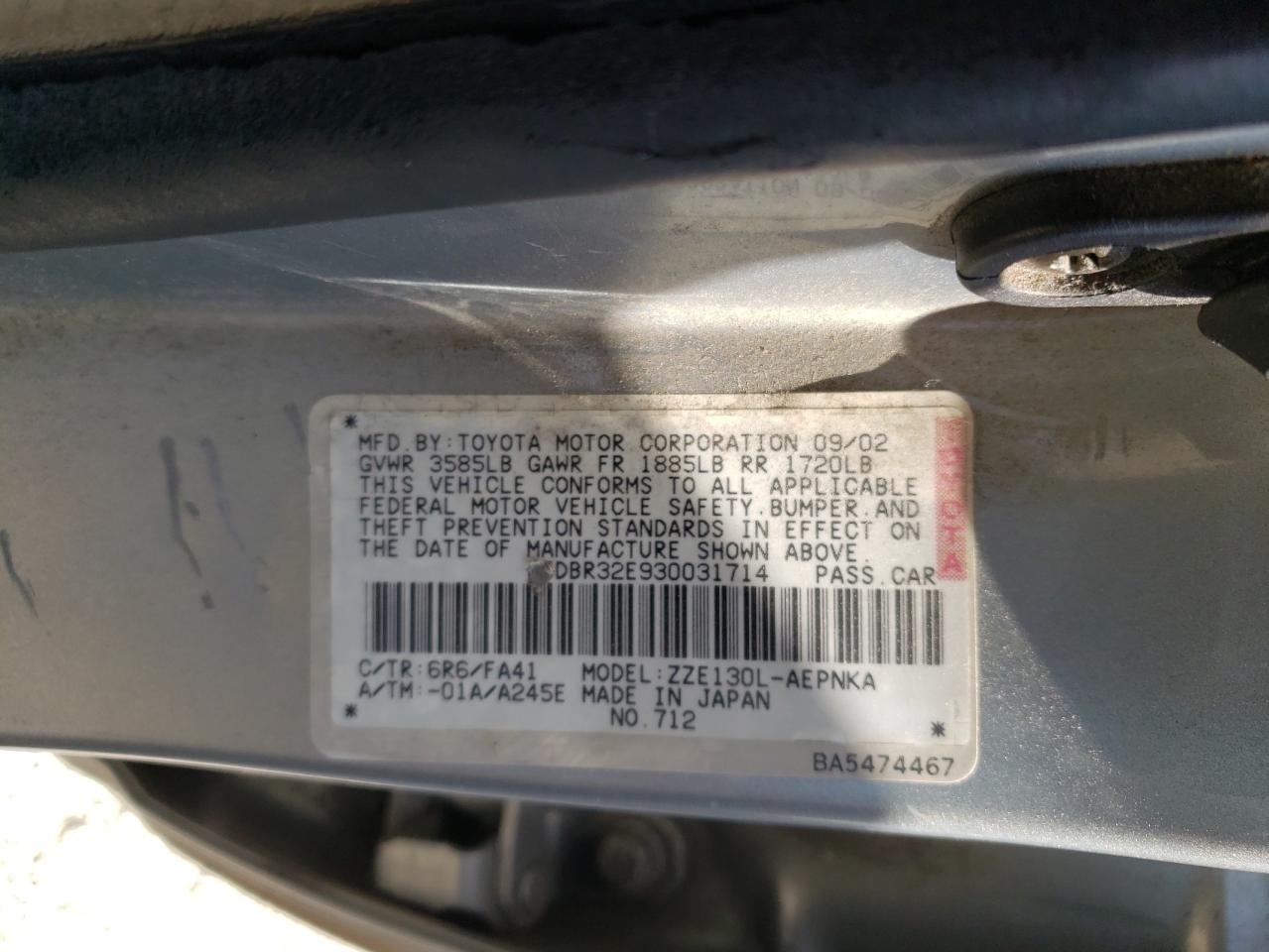 JTDBR32E930031714 2003 Toyota Corolla Ce