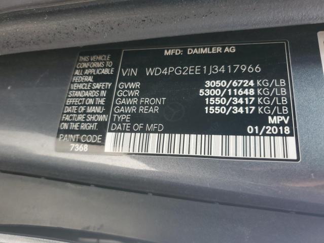 2018 Mercedes-Benz Metris VIN: WD4PG2EE1J3417966 Lot: 52351654