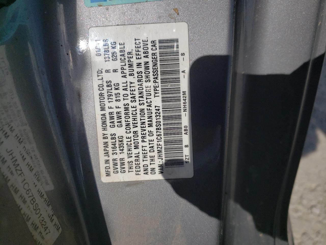 JHMZF1C67BS013247 2011 Honda Cr-Z Ex