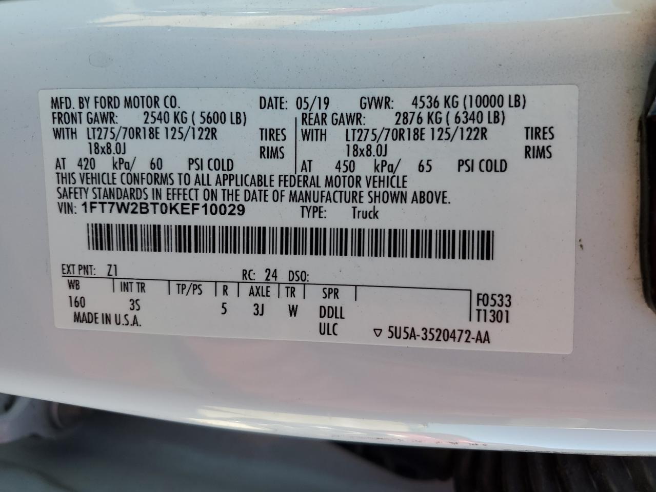 1FT7W2BT0KEF10029 FORD F250 2019