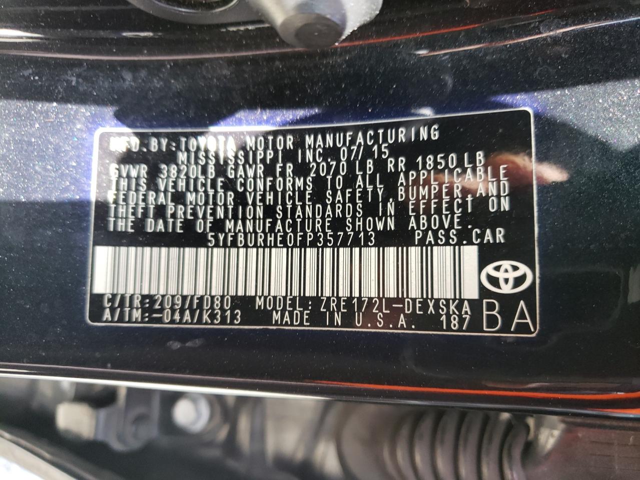 5YFBURHE0FP357713 2015 Toyota Corolla L