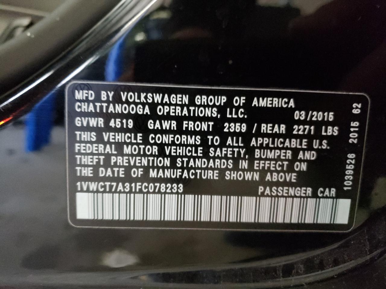 1VWCT7A31FC078233 2015 Volkswagen Passat Sel