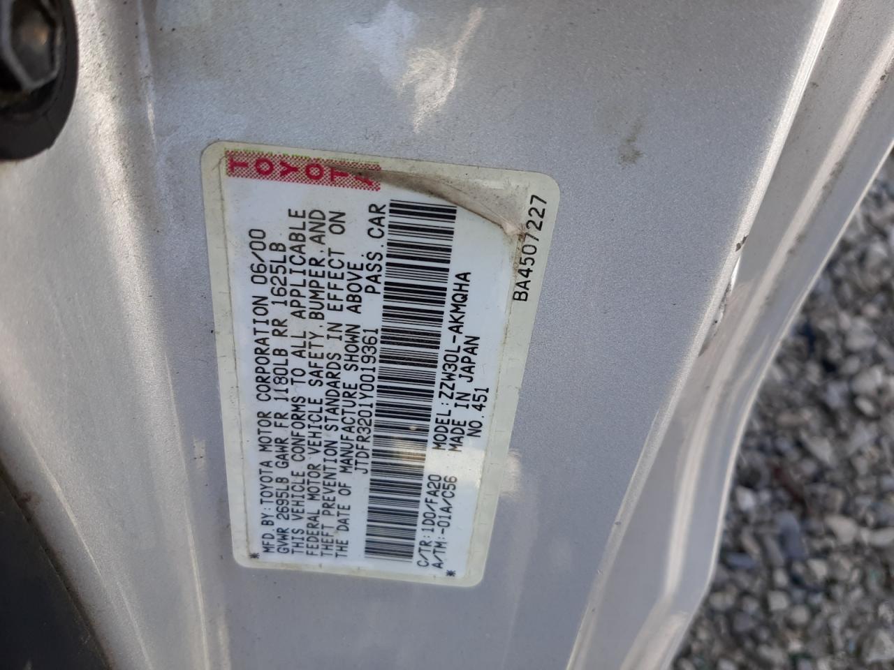 JTDFR3201Y0019361 2000 Toyota Mr2 Spyder