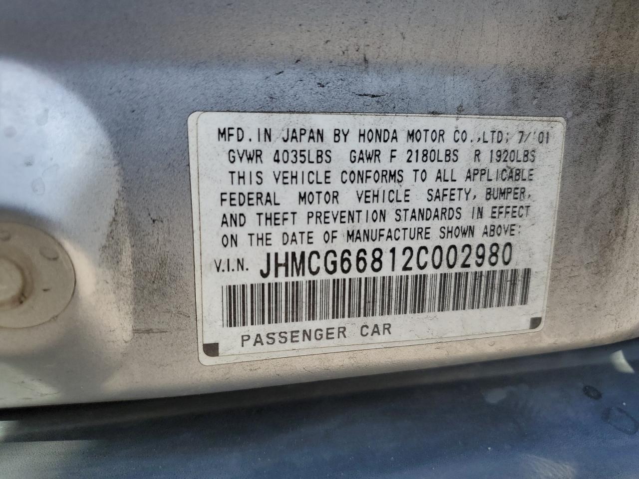 JHMCG66812C002980 2002 Honda Accord Ex