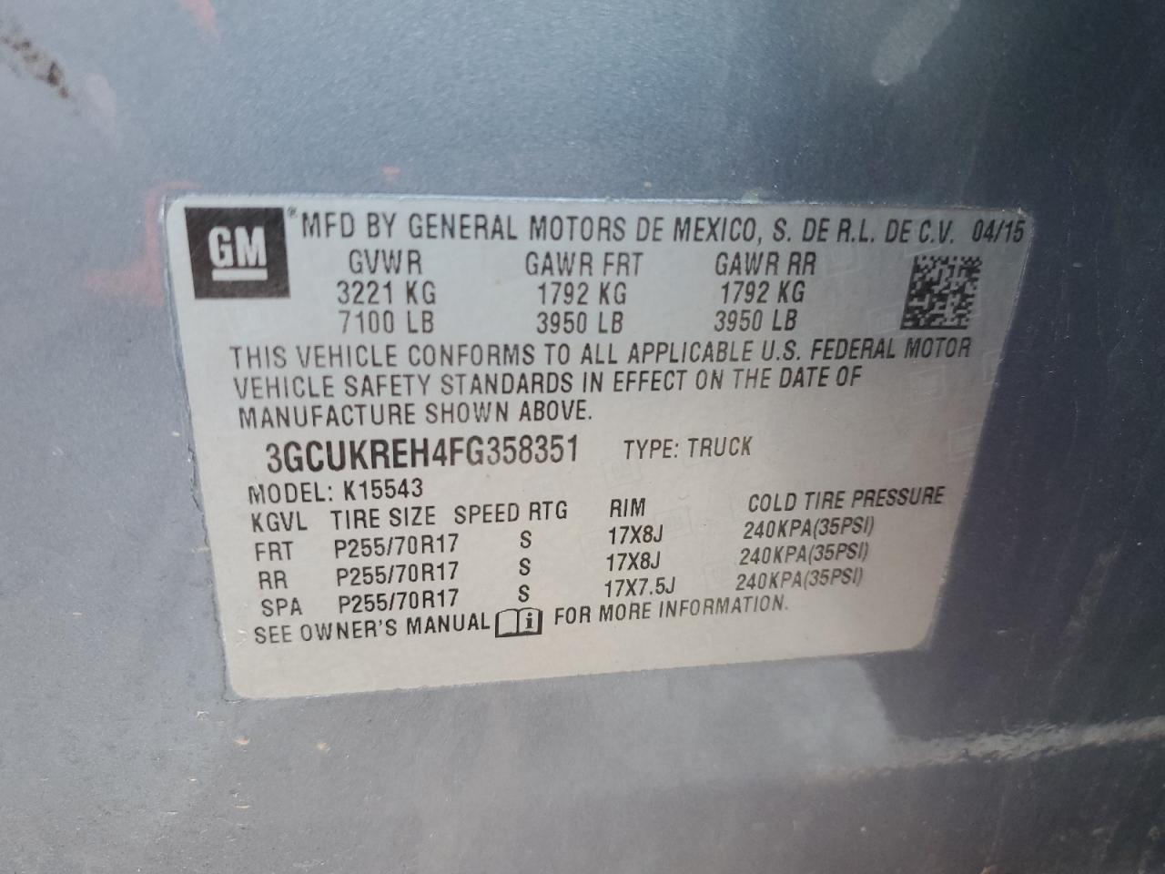 3GCUKREH4FG358351 2015 Chevrolet Silverado K1500 Lt 3GCUKREH4FG358351 2015 Chevrolet Silverado K1500 Lt