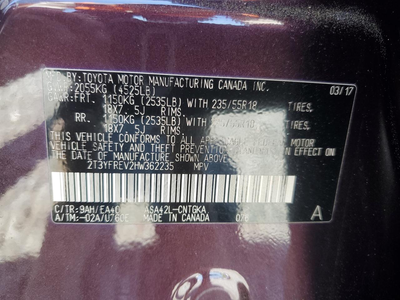 2T3YFREV2HW362235 2017 Toyota Rav4 Limited