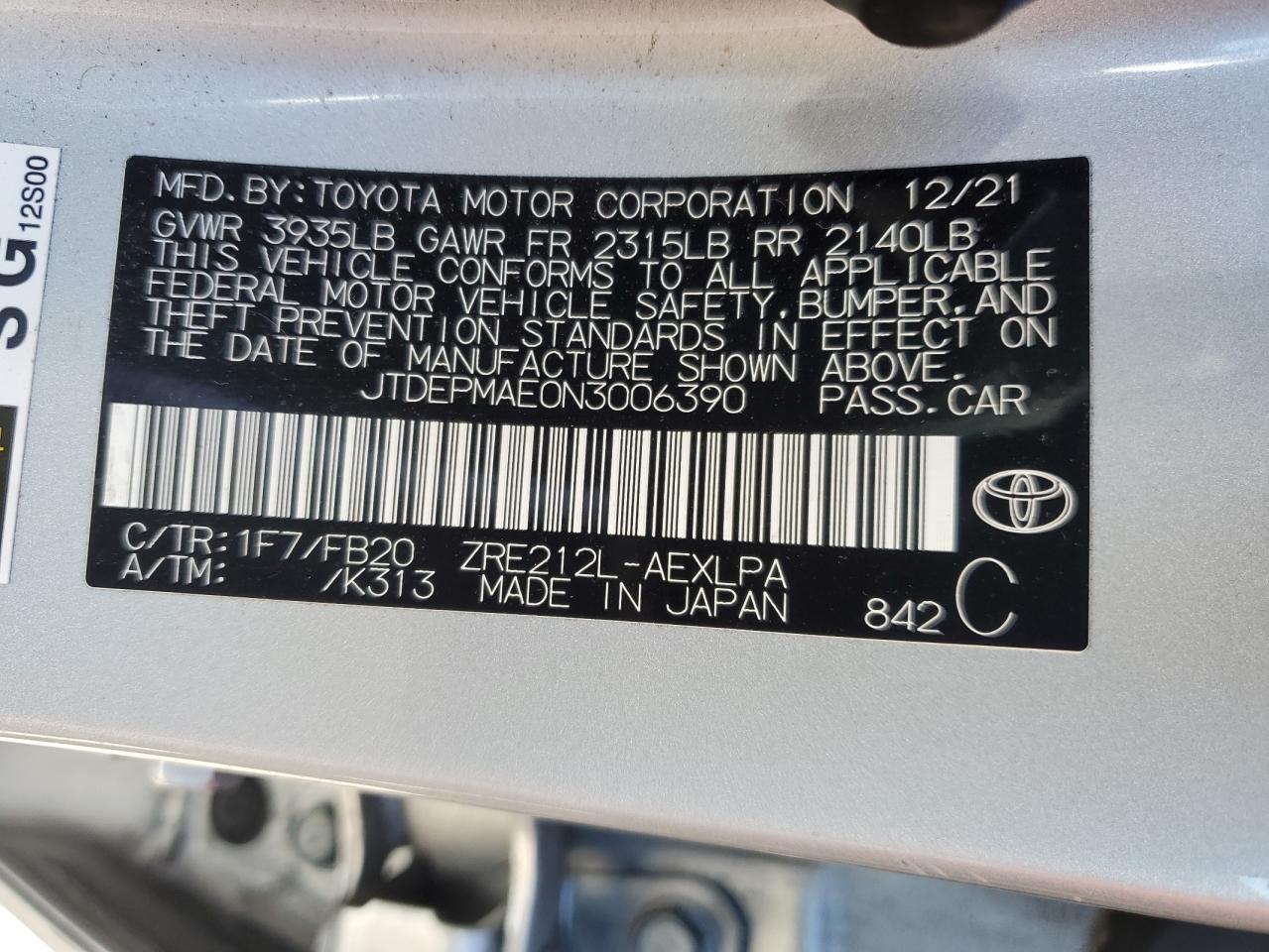 2022 Toyota Corolla Le vin: JTDEPMAE0N3006390