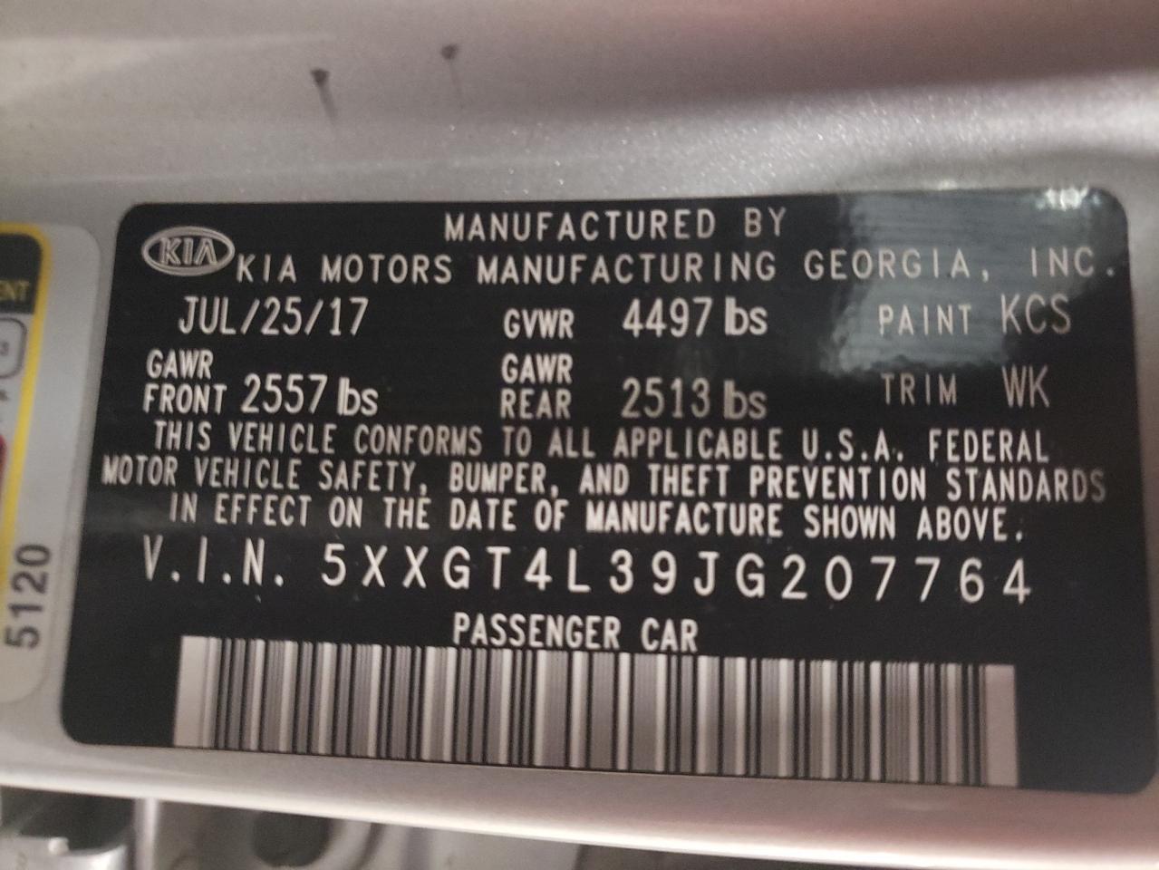 5XXGT4L39JG207764 2018 Kia Optima Lx