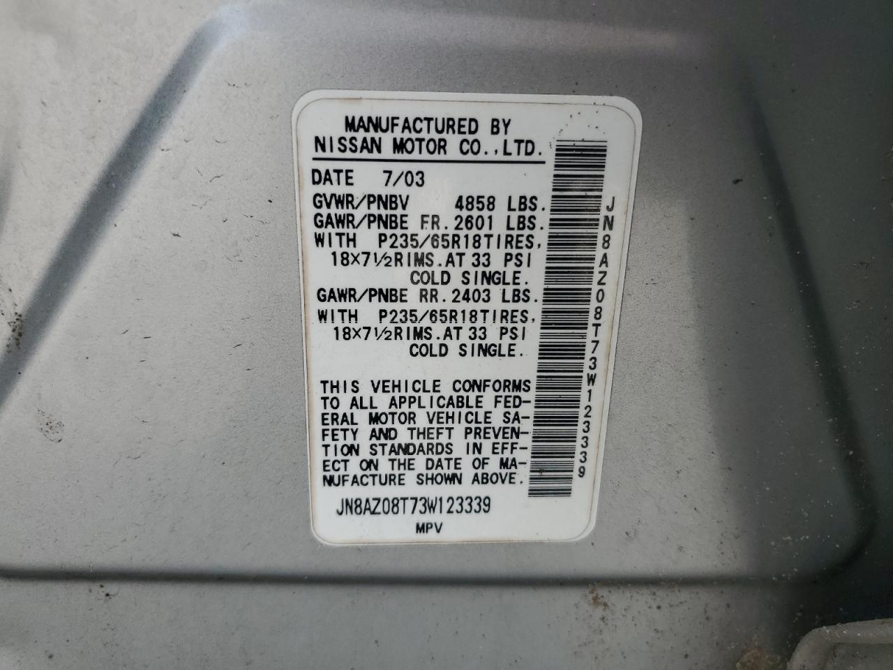 JN8AZ08T73W123339 2003 Nissan Murano Sl