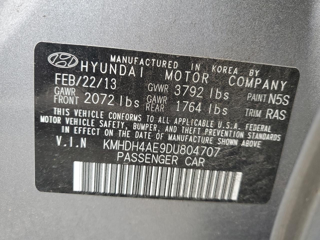 KMHDH4AE9DU804707 2013 Hyundai Elantra Gls