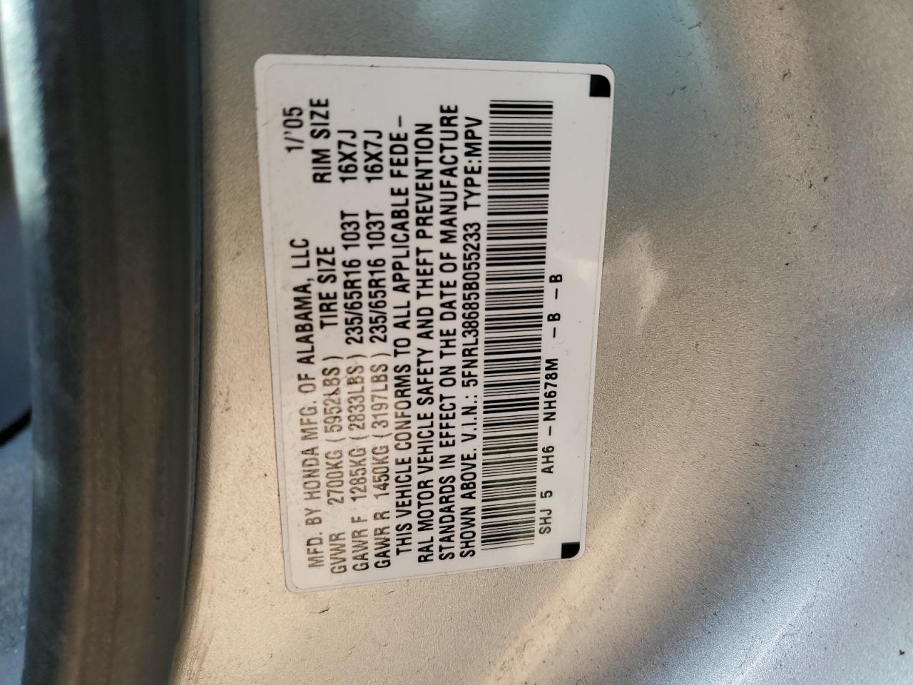 5FNRL38685B055233 2005 Honda Odyssey Exl