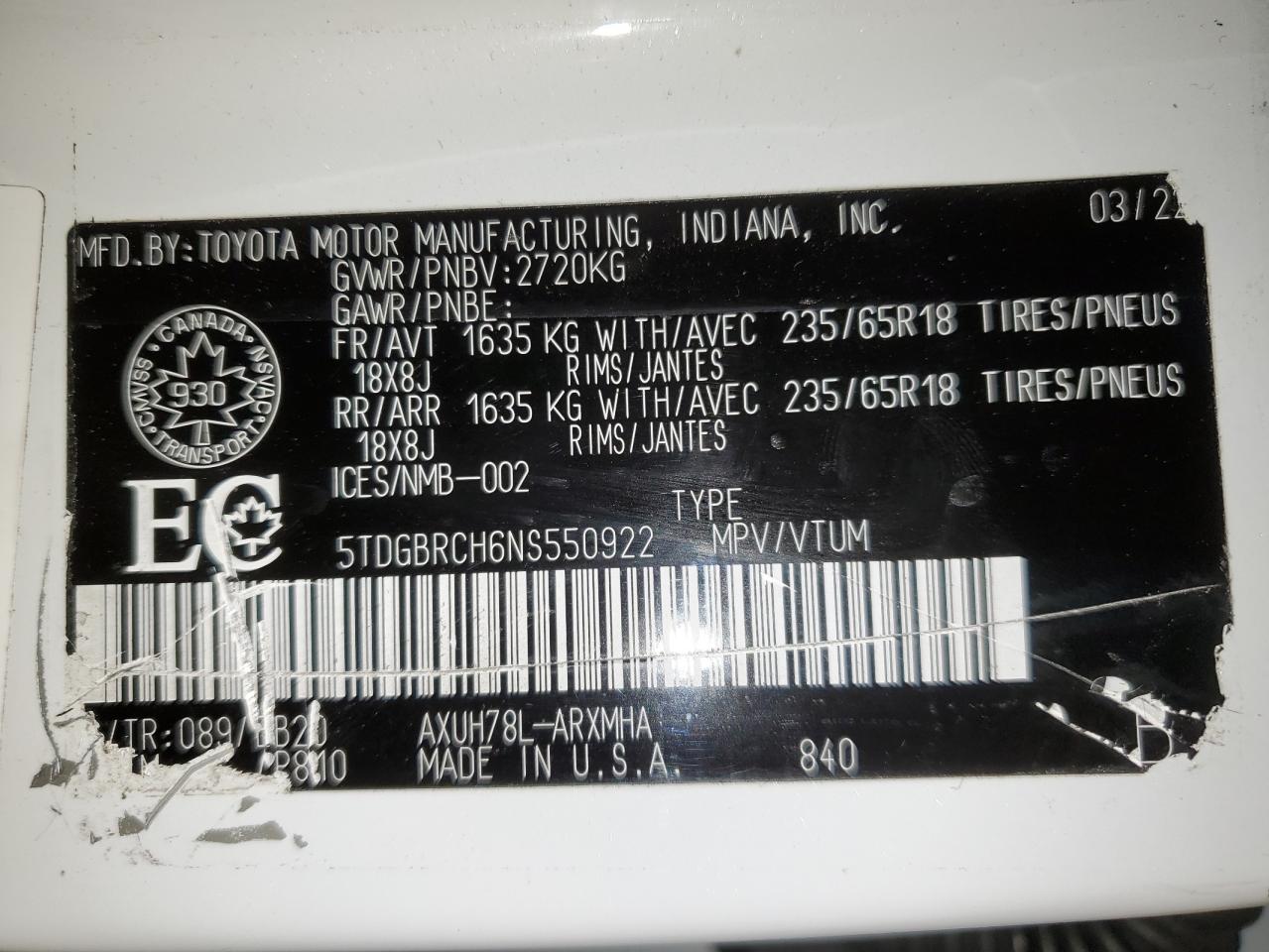 5TDGBRCH6NS550922 2022 Toyota Highlander Hybrid Xle