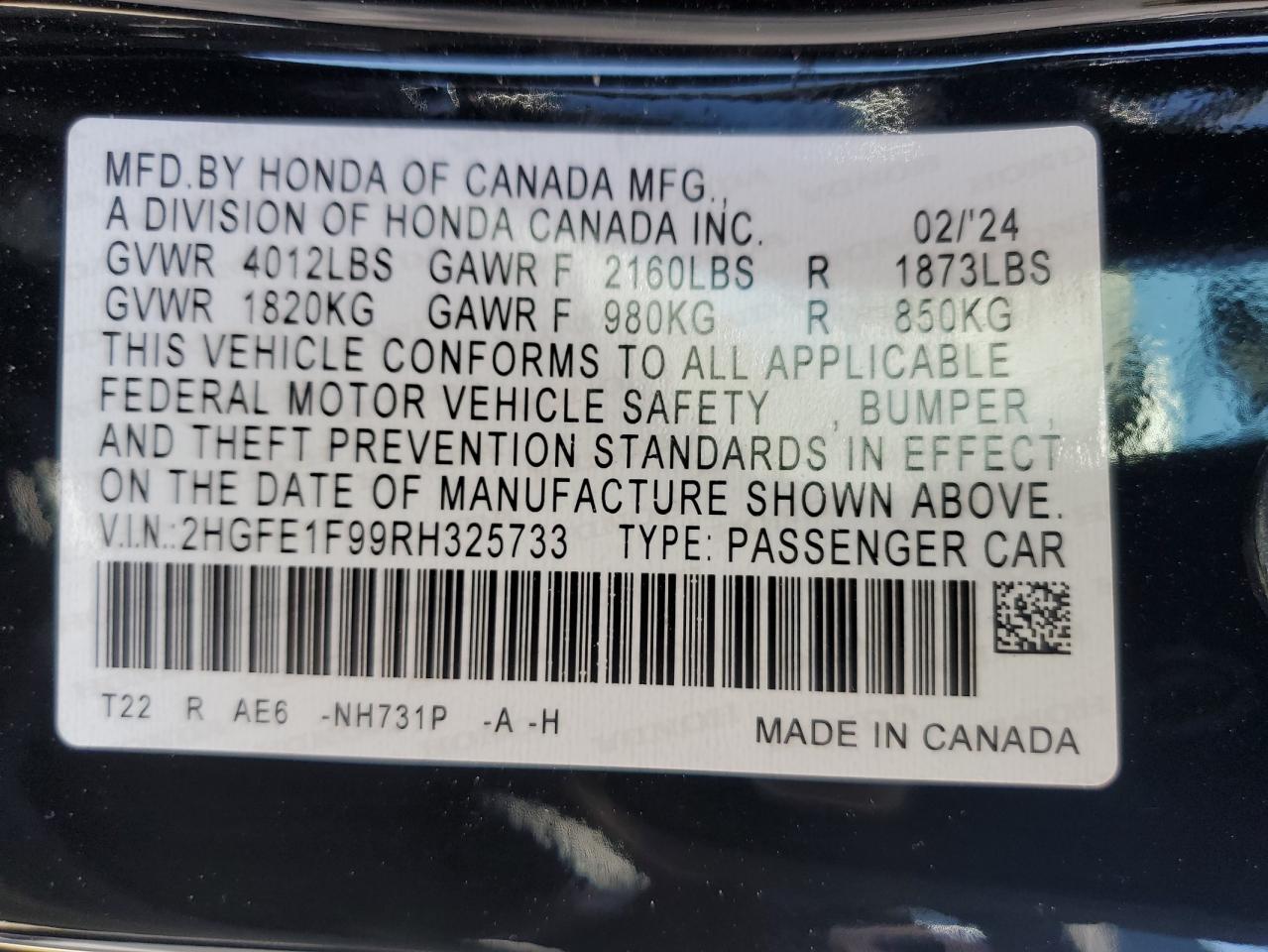 2HGFE1F99RH325733 HONDA CIVIC 2024
